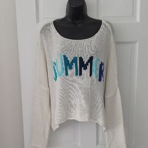 Wooden Ships White Open-Knit Scoop Neck Sweater with Blue-Teal 'SUMMER' Graphic